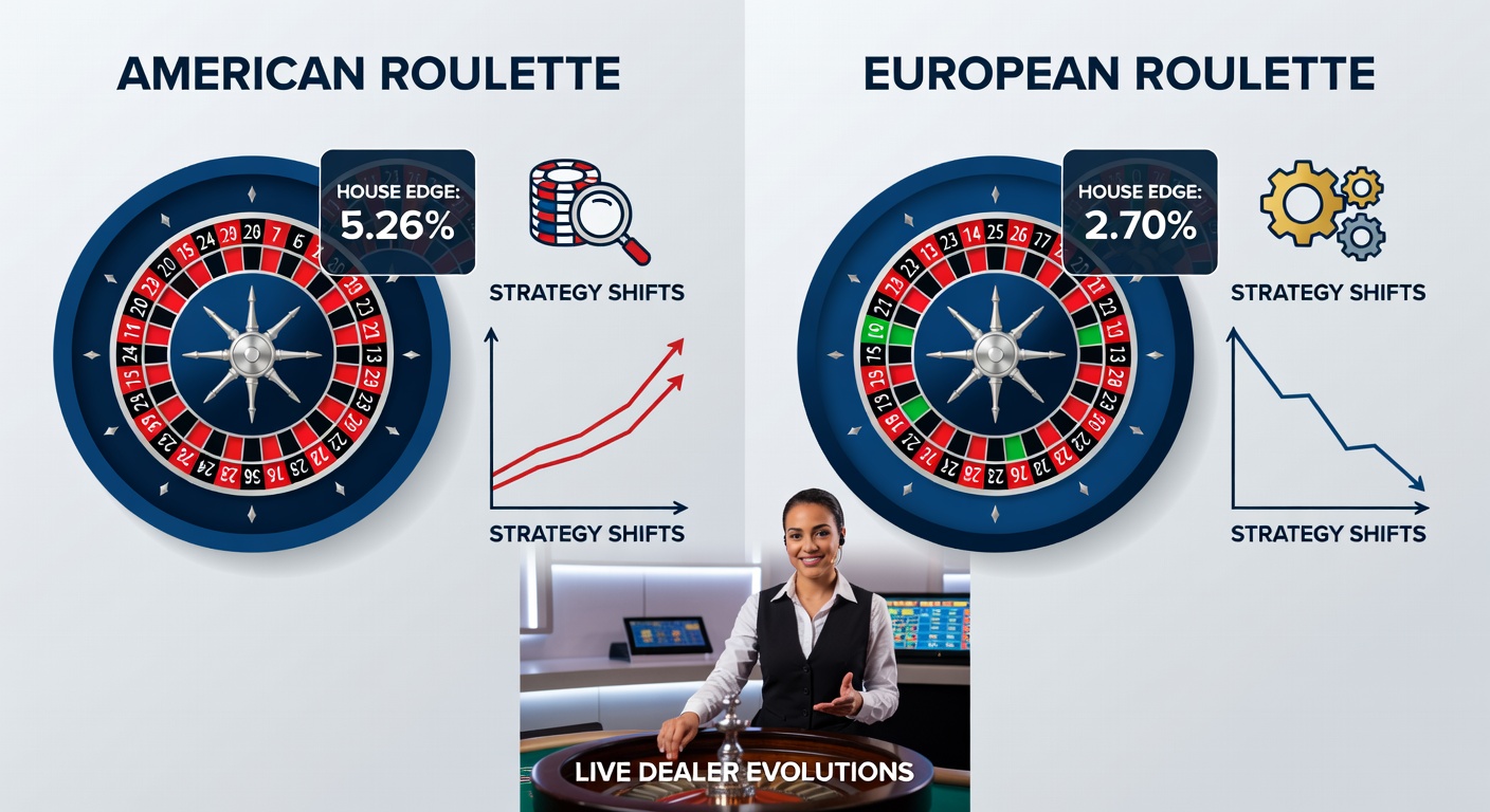 Vergleich der Roulette-Tische: Amerikanisches Roulette mit doppelter Null neben europäischem Single-Zero-Roulette, beleuchtet die entscheidenden Unterschiede in Rad und Layout