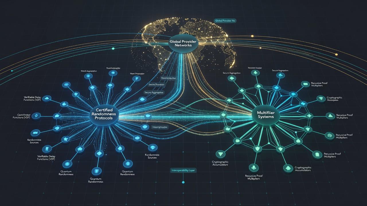 Netzwerkdiagramm der Verbindungen zwischen zertifizierten Protokollen, Multiplier-Systemen und Roulette-Providern